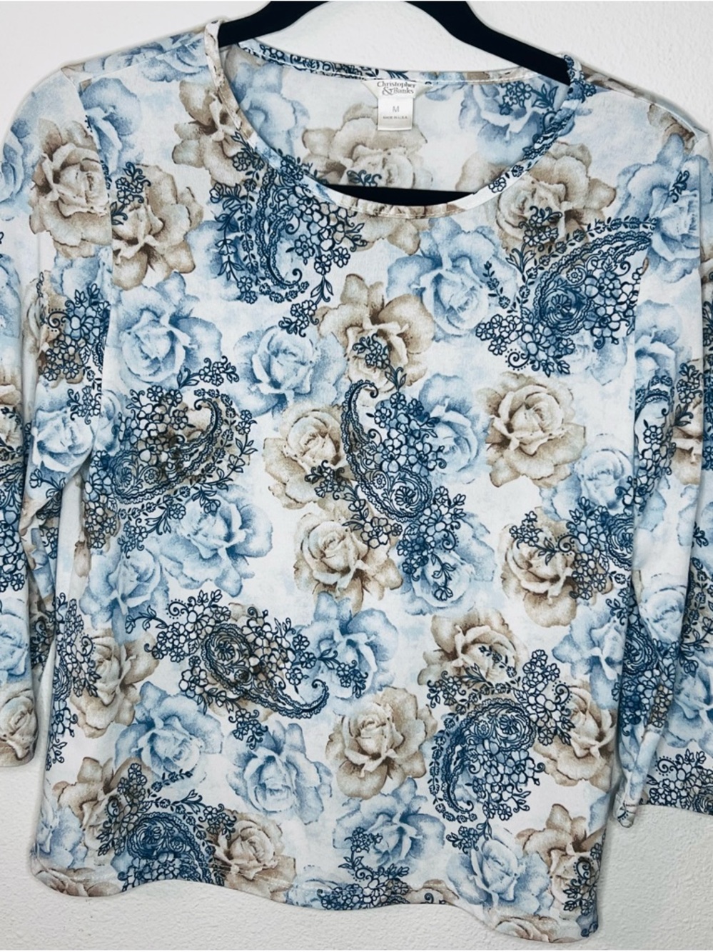 Christopher & Banks Blue and Tan Paisley Floral Long-Sleeve Vintage Tee